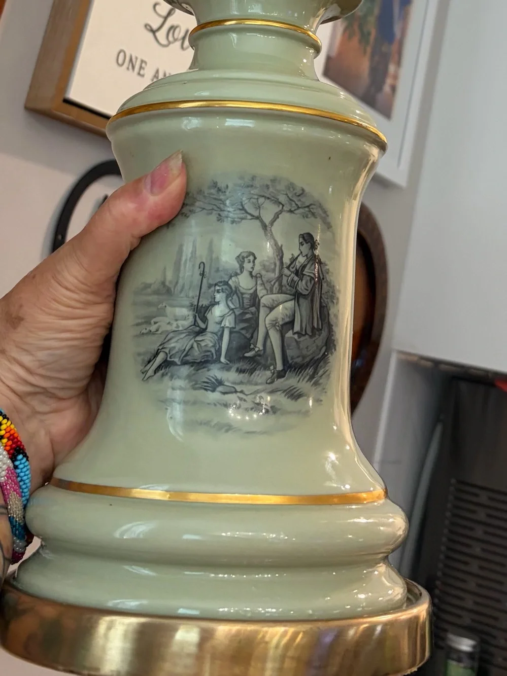 Victorian Pastoral scene porcelain brass Table Lamp sage green Gold Trim